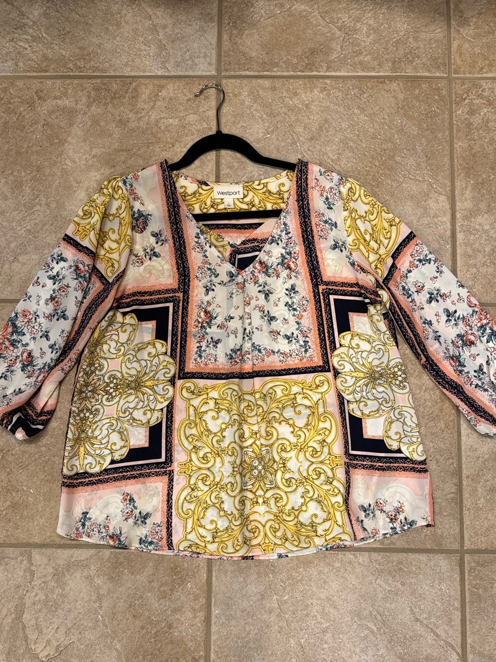 Westport Multi-Color Printed Peasant Blouse with Gold Motif